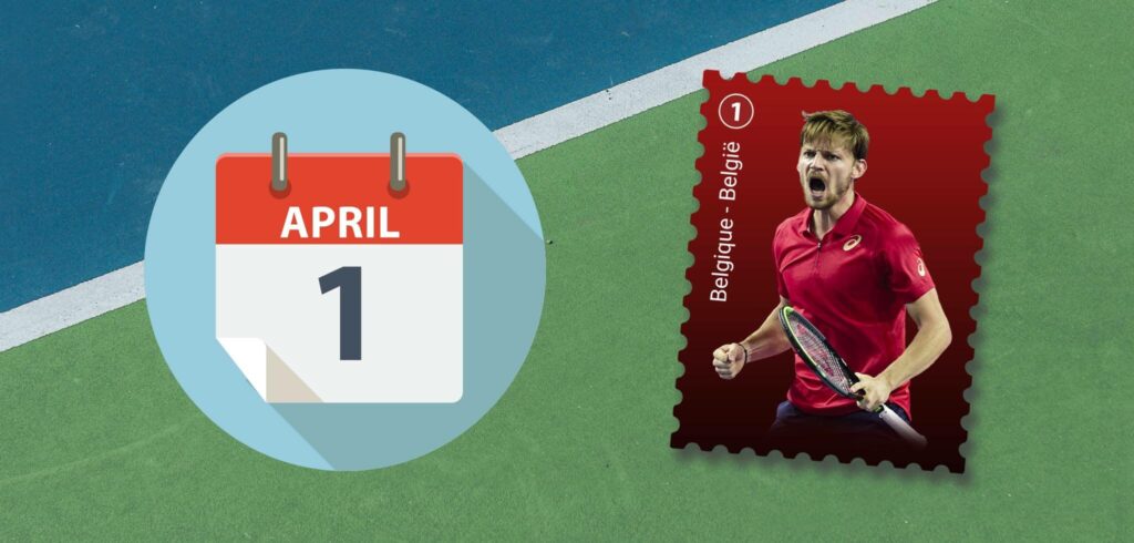 Postzegel David Goffin op 1 april - © Ultimate Tennis Showdown, iStock en Tennisplaza