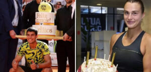 Carlos Alcaraz en Aryna Sabalenka ontvangen hun verjaardagscake in Madrid - © eliteclubtennis (Instagram)